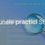 Digital marketing SEO concept, a modern website with a magnifying glass over search results, blue and green hues, professional and clean design.