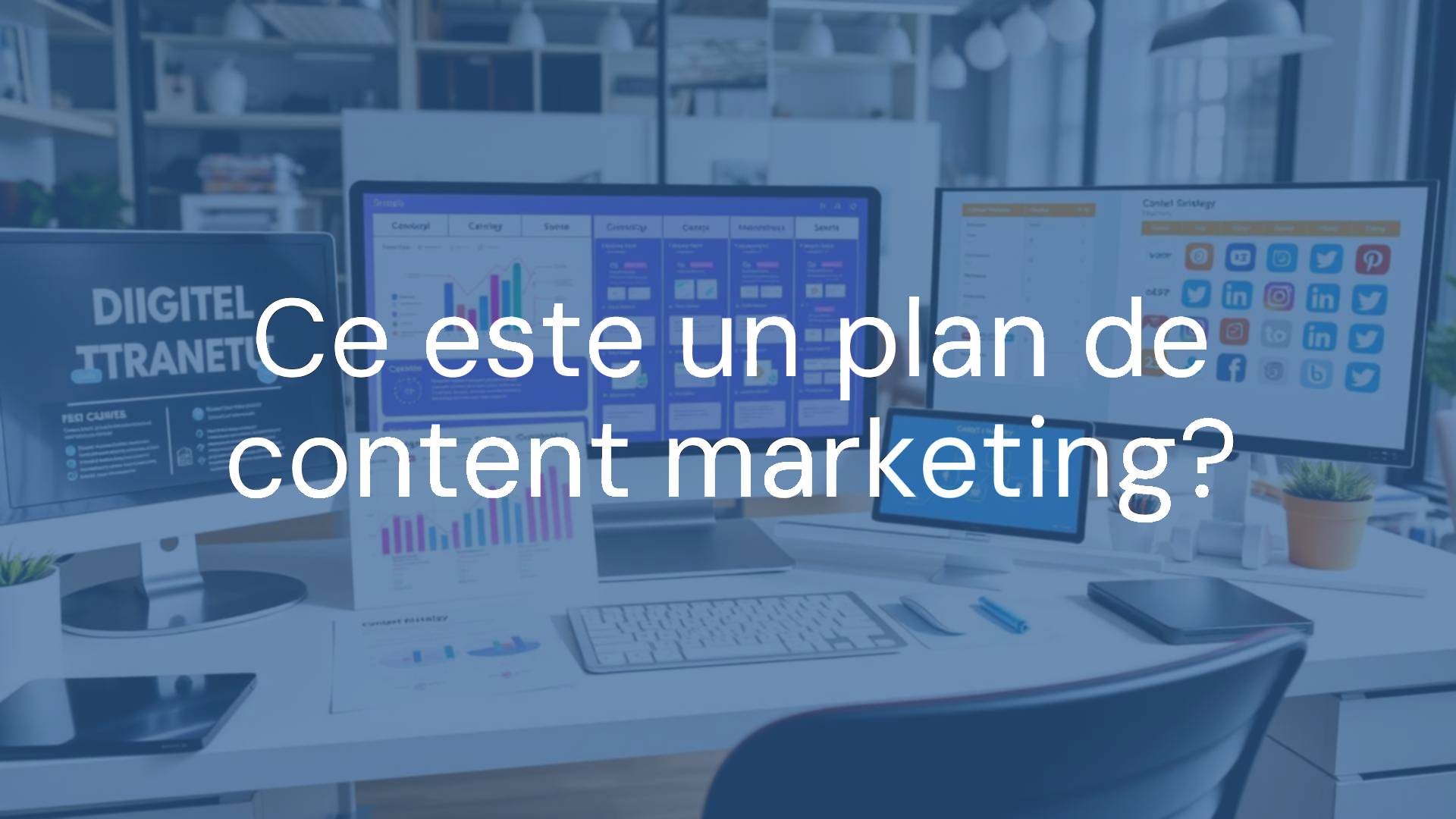 A modern digital marketing plan on a desk, showing strategy charts, content calendar, and social media icons, professional and organized, bright workspace, realistic.