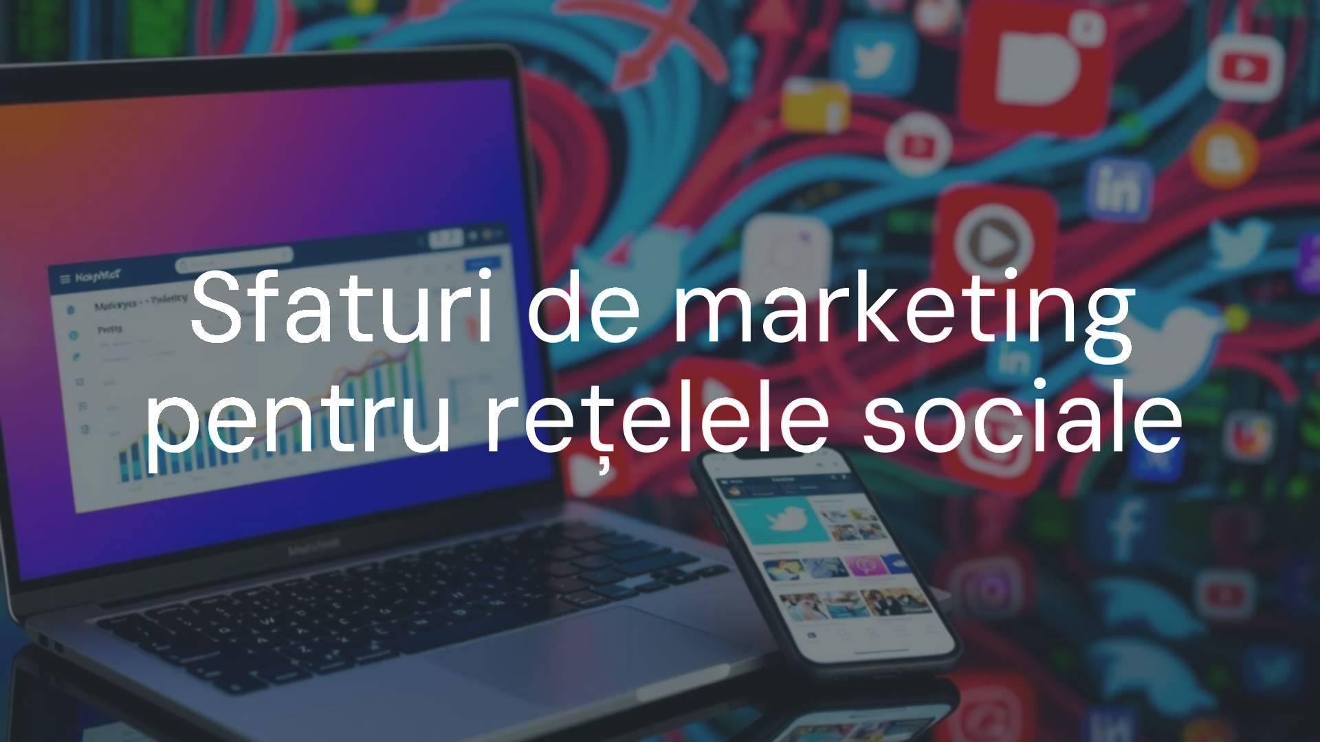 A modern social media marketing scene, laptop with analytics dashboard, smartphone showing Instagram feed, colorful icons of Facebook, Twitter, LinkedIn, vibrant digital background, professional and dynamic vibe.