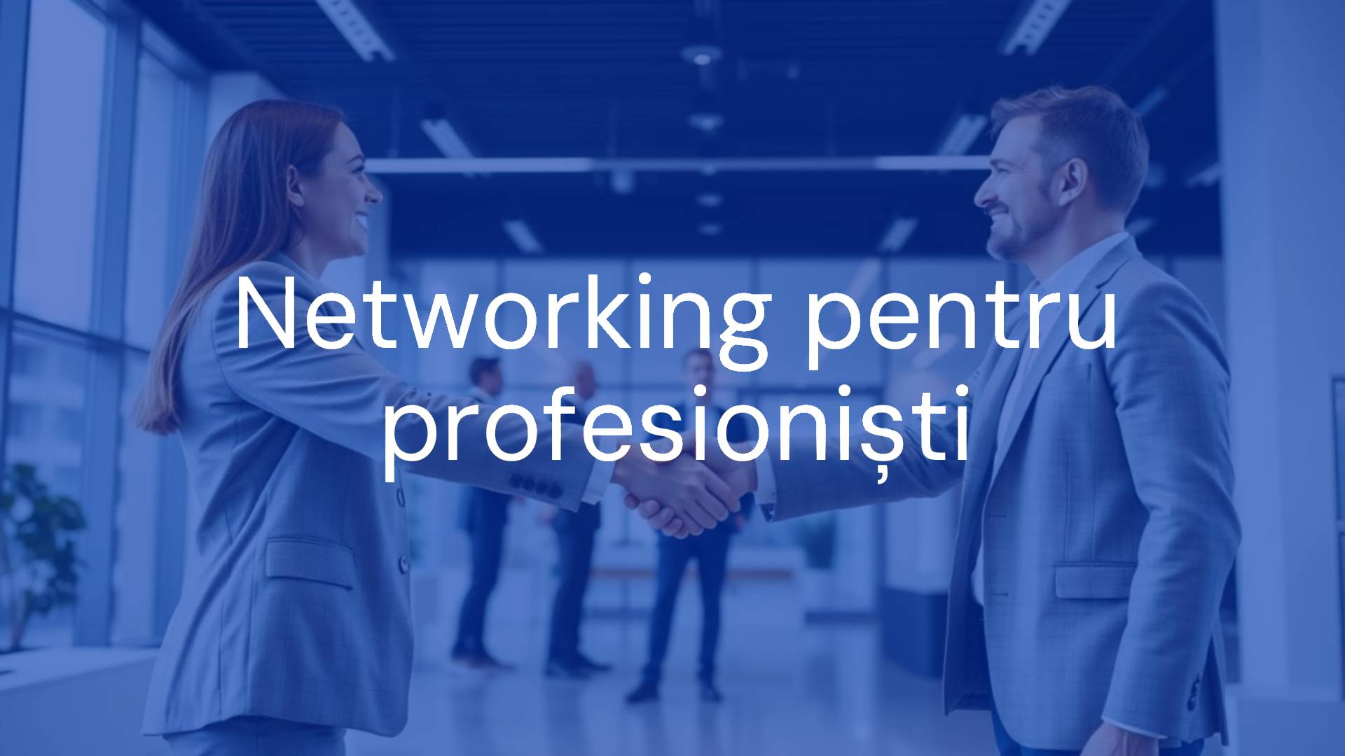 Professional networking scene, business people shaking hands in a modern office, bright and friendly atmosphere, realistic.