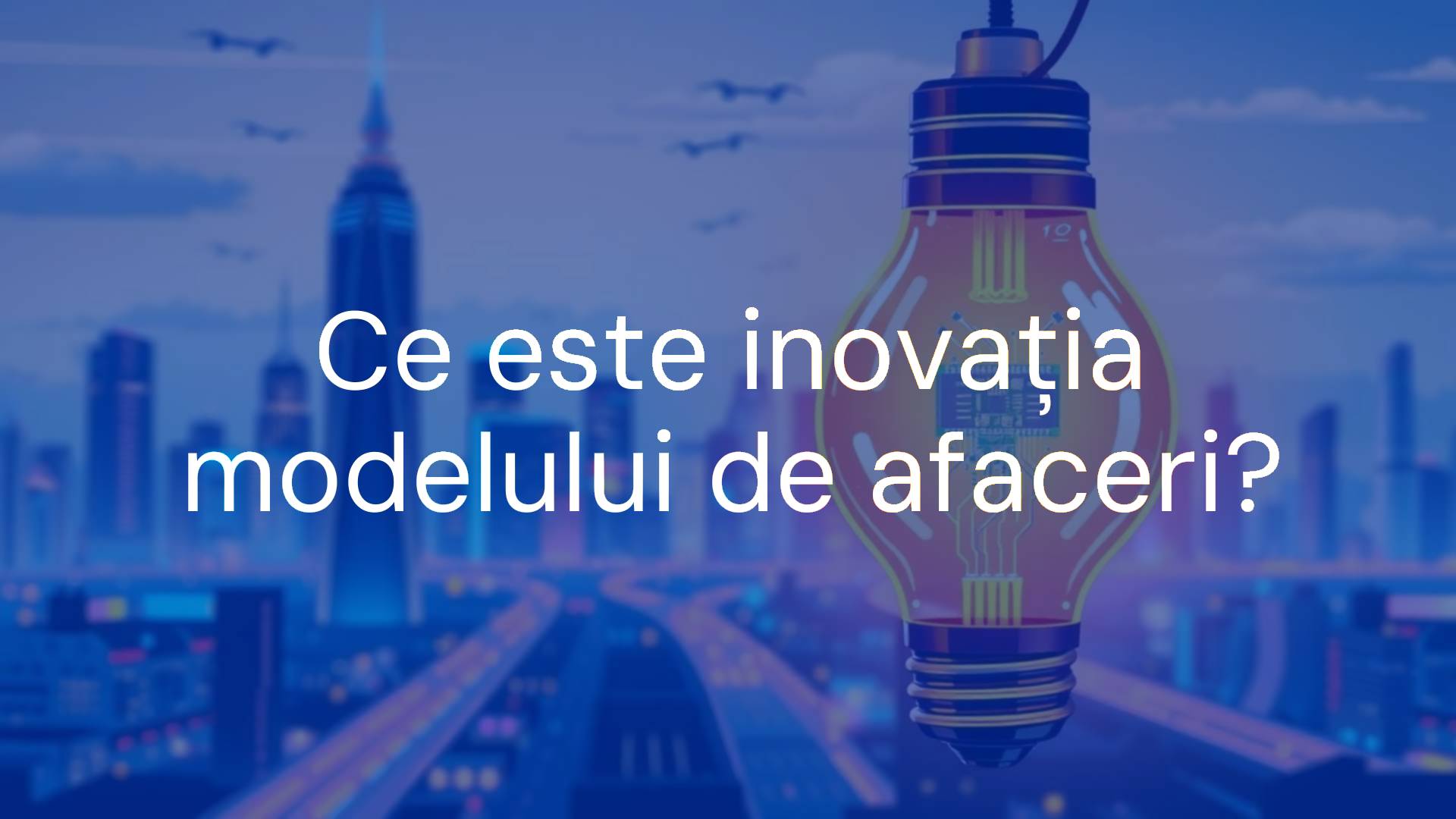 A modern business innovation concept, glowing lightbulb with a circuit board inside, futuristic city skyline in the background, vibrant colors, illustrative style.