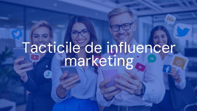 Digital marketing concept with influencers holding smartphones, social media icons, modern office background, vibrant colors, professional.