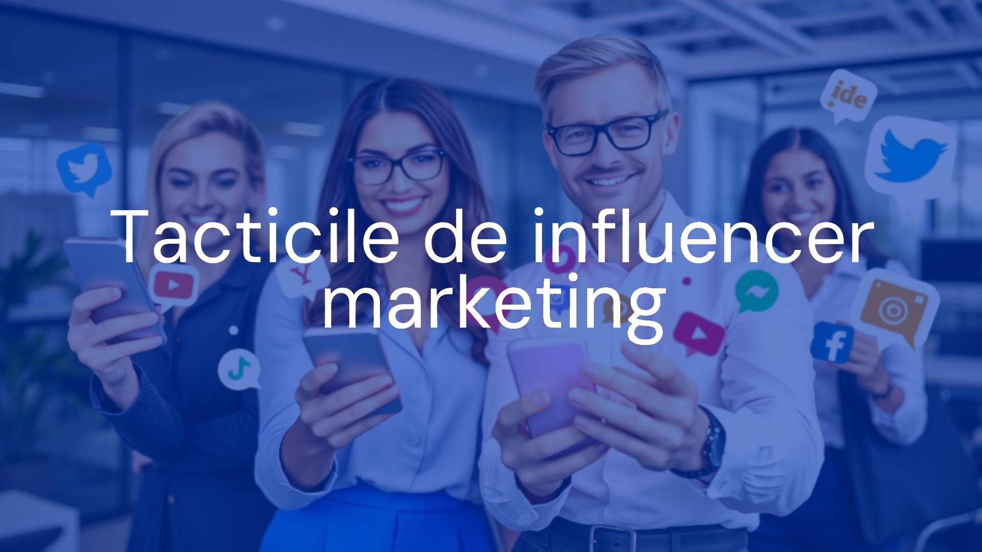 Digital marketing concept with influencers holding smartphones, social media icons, modern office background, vibrant colors, professional.