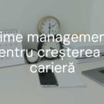 A professional workspace with a desk featuring a calendar, clock, organized planner, and a laptop, symbolizing time management and career growth, professional and clean style.
