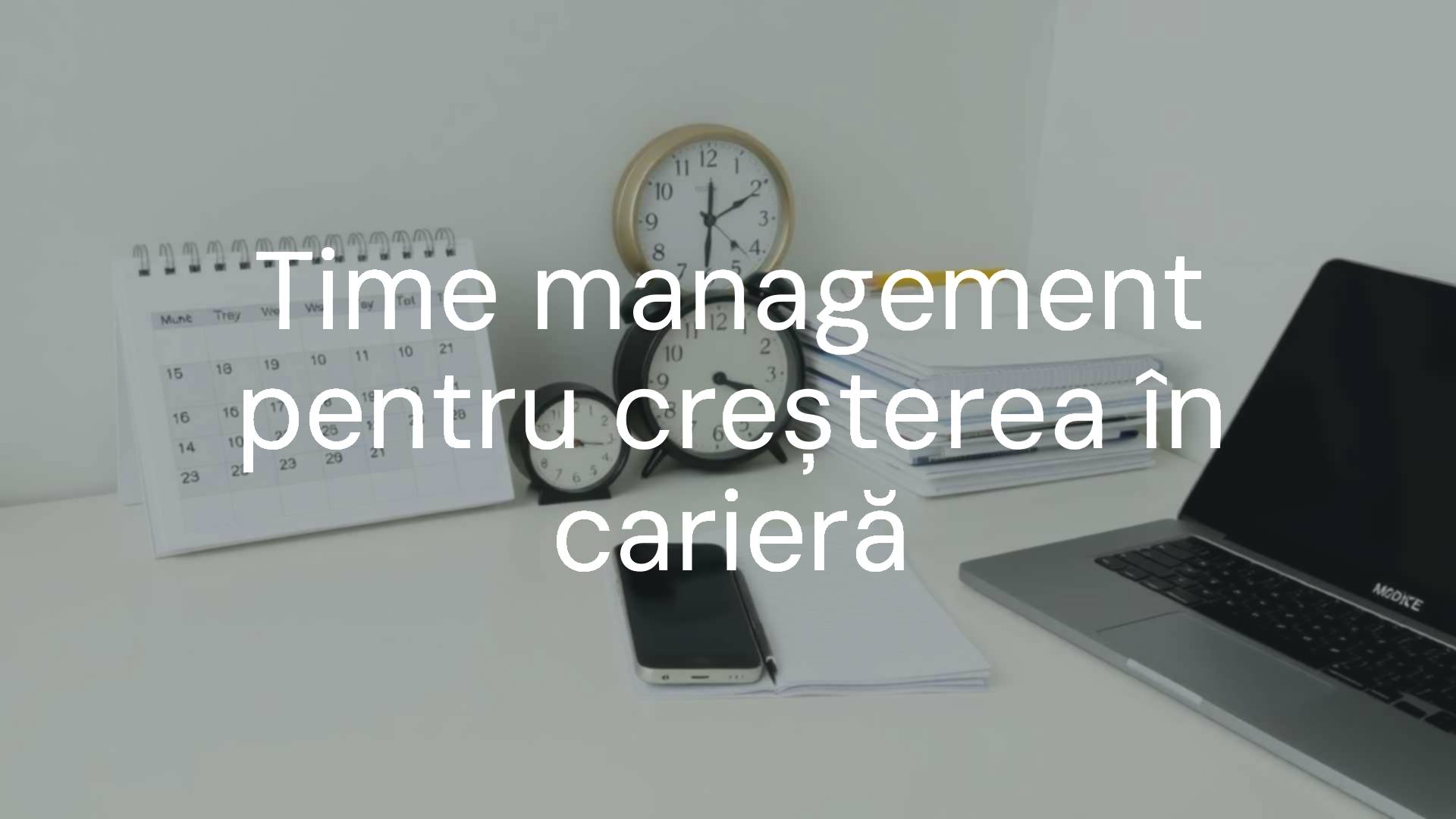 A professional workspace with a desk featuring a calendar, clock, organized planner, and a laptop, symbolizing time management and career growth, professional and clean style.