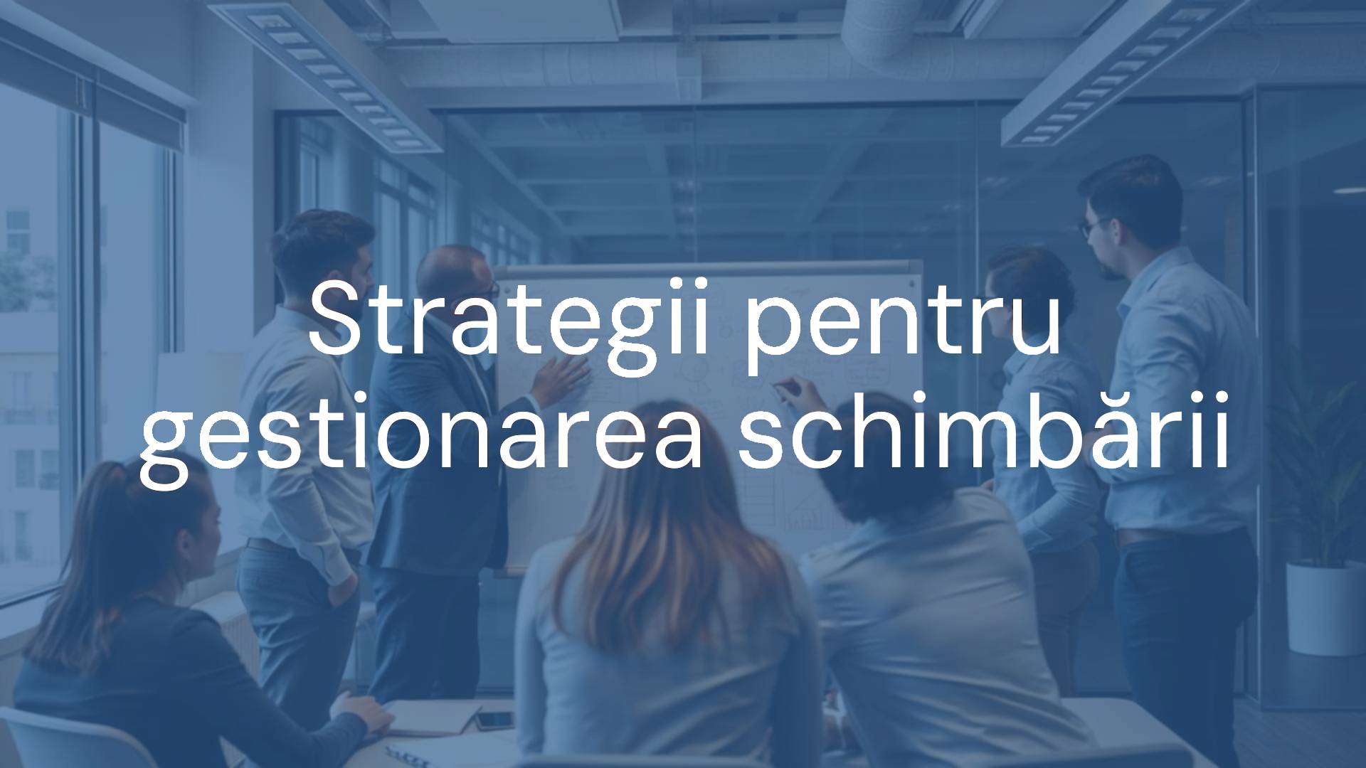 A business team strategizing around a whiteboard with change management diagrams, modern office setting, professional and dynamic atmosphere, realistic.