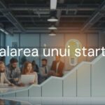 A startup scaling process, business growth chart, lightbulb idea, teamwork, modern office, professional and energetic vibe, realistic style.