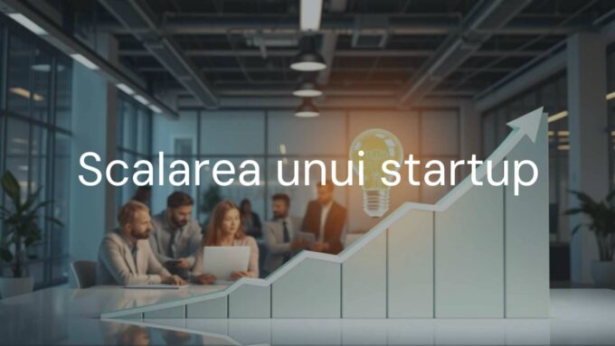 A startup scaling process, business growth chart, lightbulb idea, teamwork, modern office, professional and energetic vibe, realistic style.