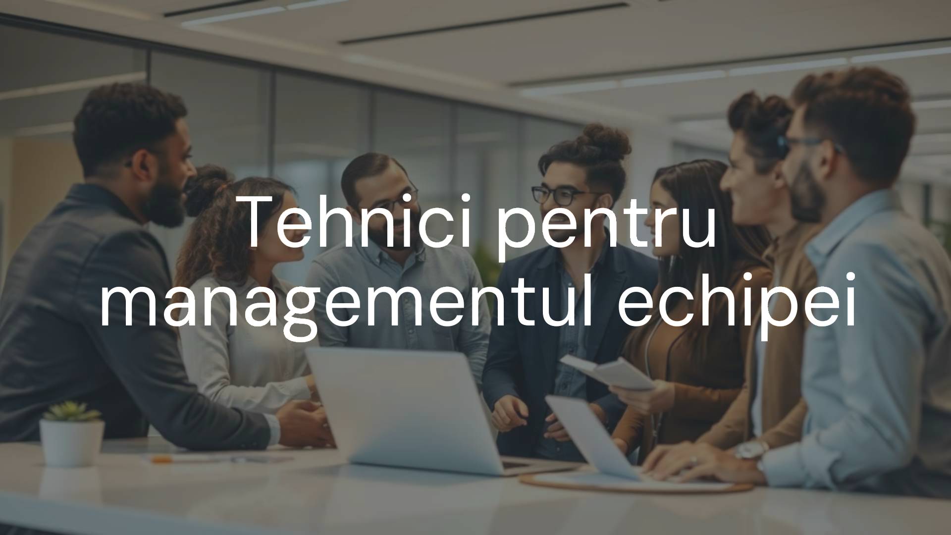 A diverse team working together in a modern office, collaborating on a project, with a leader guiding the discussion, warm and professional lighting, realistic.