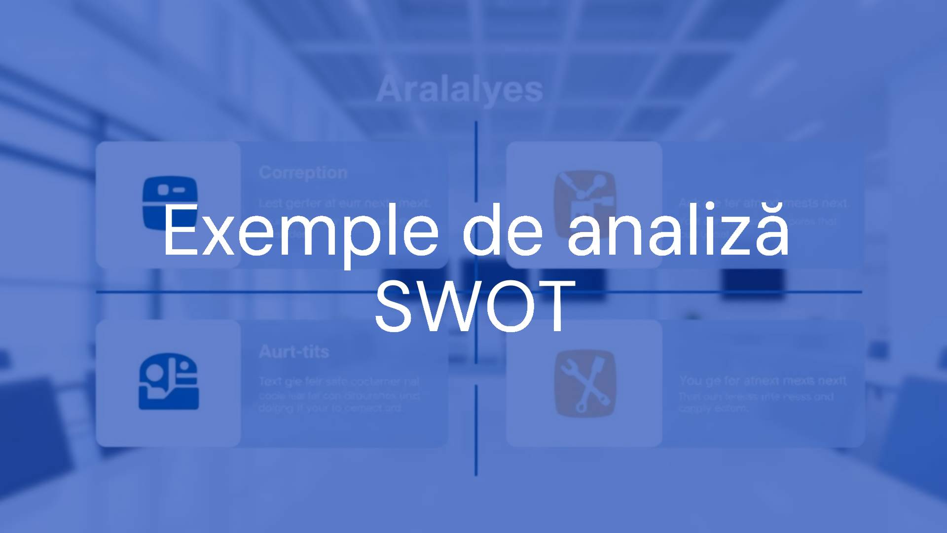 A modern business SWOT analysis chart with four quadrants labeled Strengths, Weaknesses, Opportunities, and Threats, professional office background, clean and minimalist design, blue and white color scheme, realistic style.