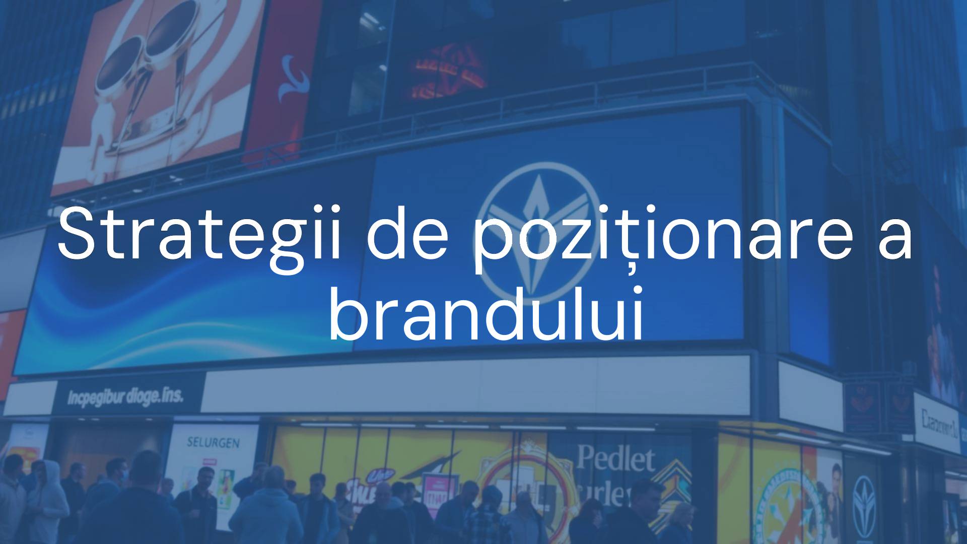 A sleek, modern logo on a glowing digital billboard in a crowded city street, symbolizing strong brand positioning, vibrant colors, professional style.