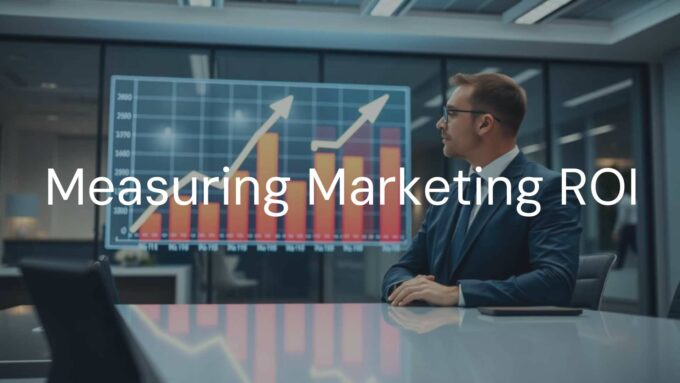 A businessman analyzing a glowing graph showing marketing ROI growth, modern office setting, clean and professional, data visualization style.