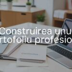 A modern professional portfolio on a desk, featuring open folders, documents, and a laptop, clean and organized workspace, professional atmosphere, realistic.