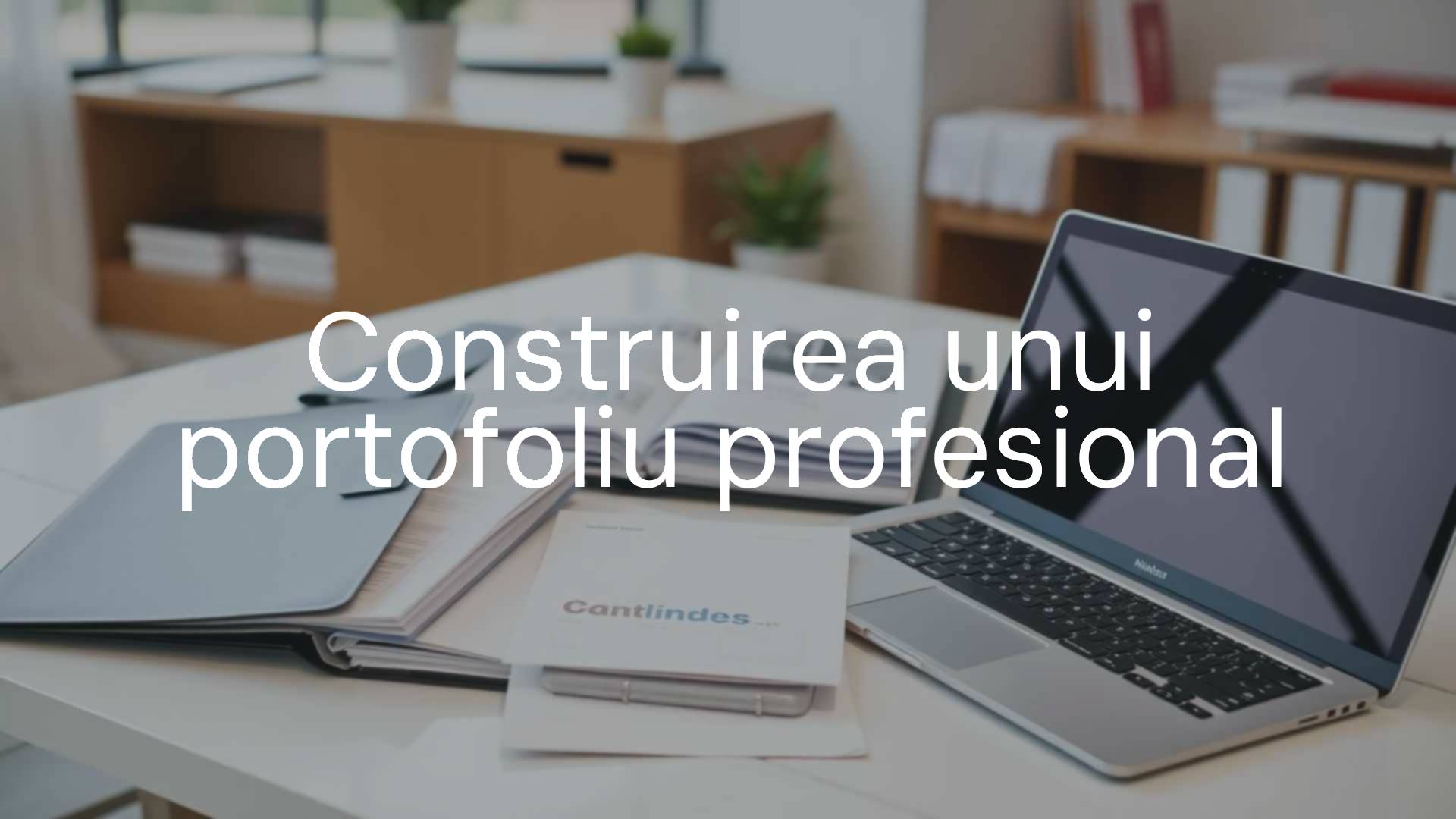 A modern professional portfolio on a desk, featuring open folders, documents, and a laptop, clean and organized workspace, professional atmosphere, realistic.
