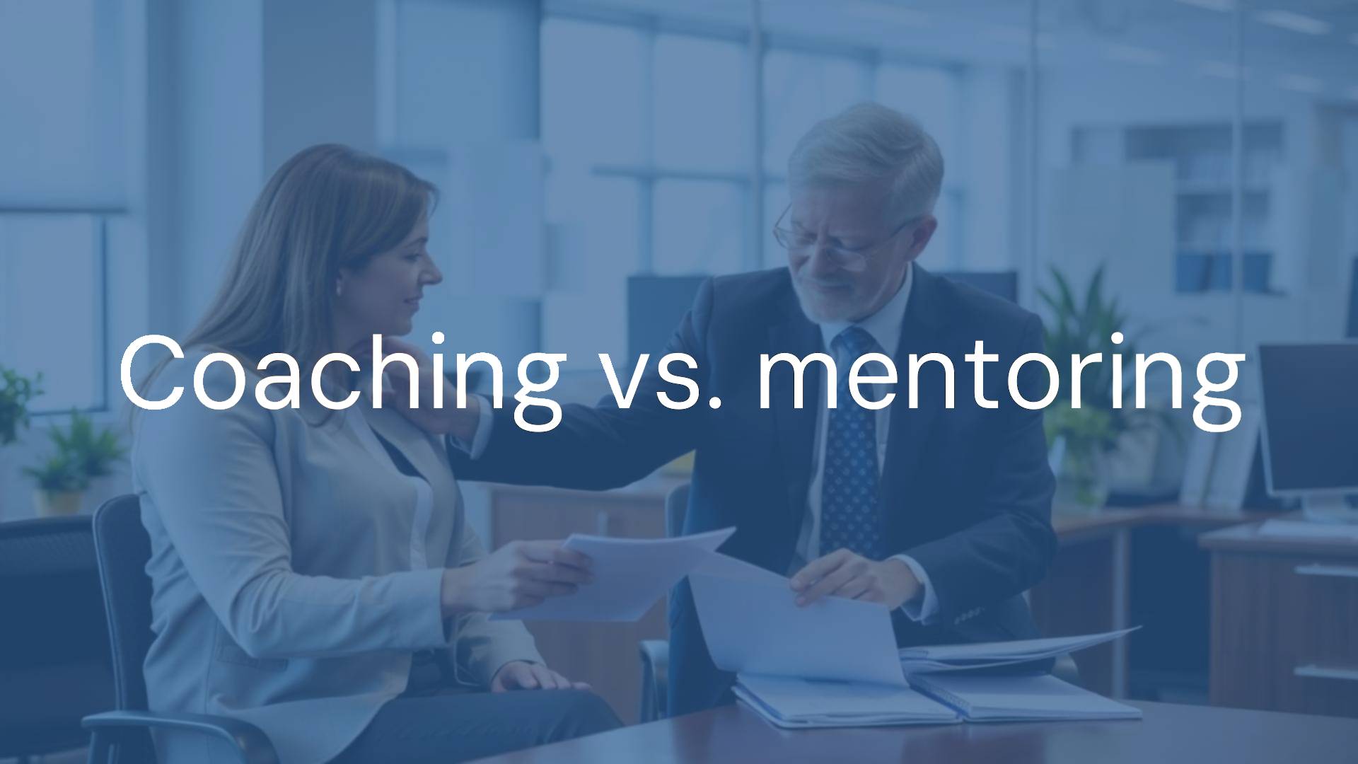 Two professionals, one guiding the other, coaching vs. mentoring concept, office setting, professional and supportive atmosphere, realistic style.
