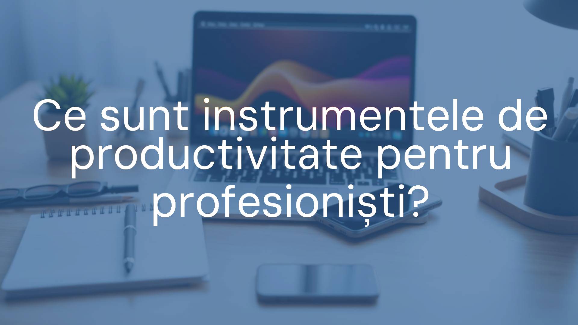 A modern workspace with laptop, smartphone, and productivity tools like a calendar, to-do list, and colorful sticky notes, neatly organized on a desk, soft lighting, professional vibe.