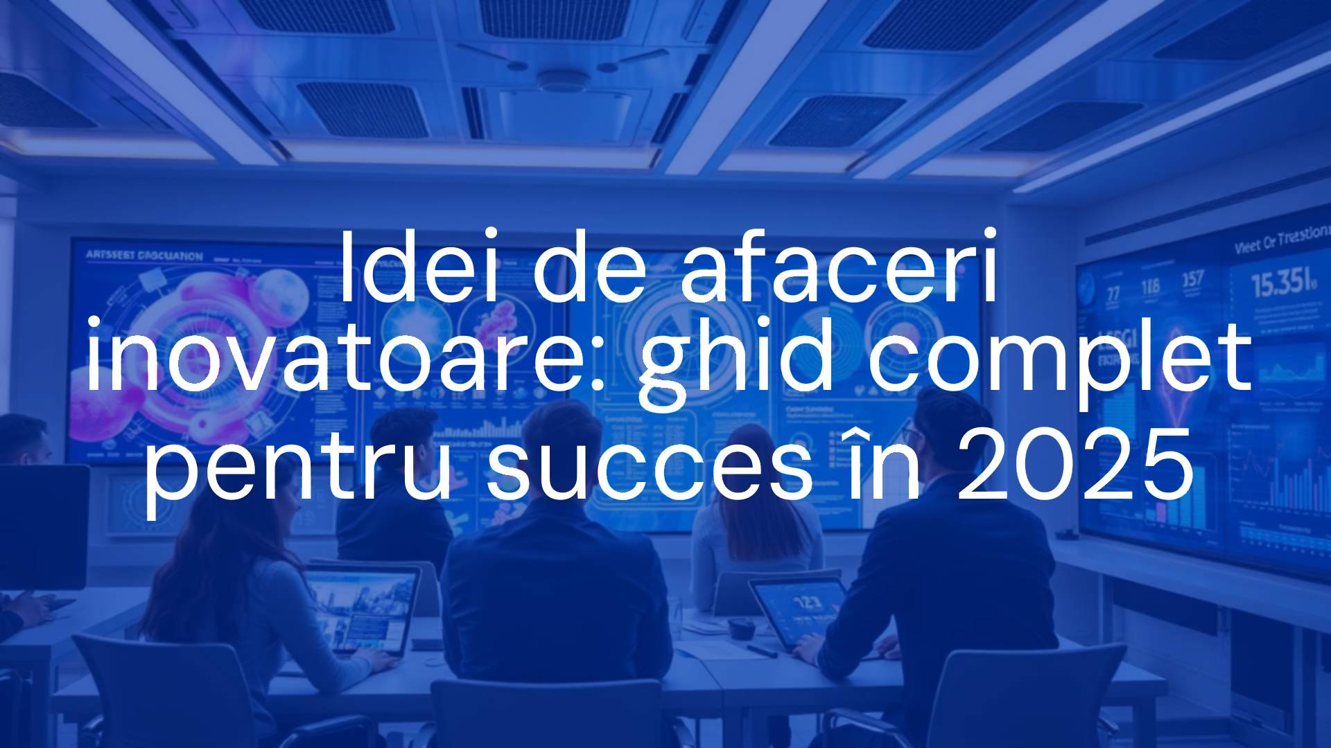 Innovative business ideas for 2025, futuristic office with digital screens displaying graphs and creative concepts, modern entrepreneurs brainstorming, bright and dynamic atmosphere, realistic style.