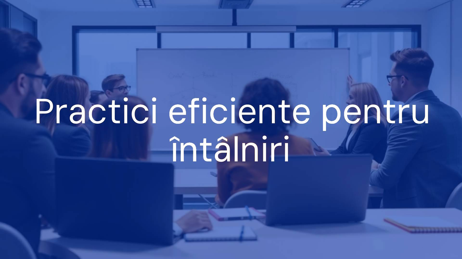 A modern conference room with a diverse team engaged in an efficient meeting, clear whiteboard with bullet points, laptops and notebooks on the table, bright and professional atmosphere, realistic.