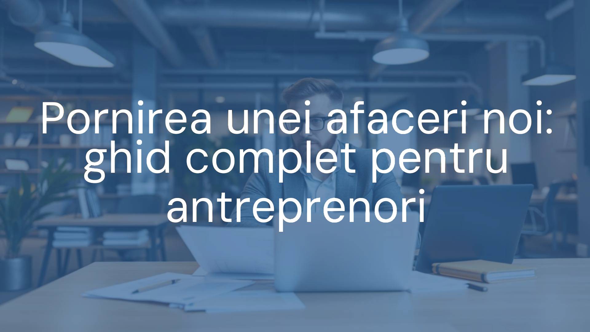 A determined entrepreneur at a desk with business documents and a laptop, startup office environment, modern and professional, motivational vibe.