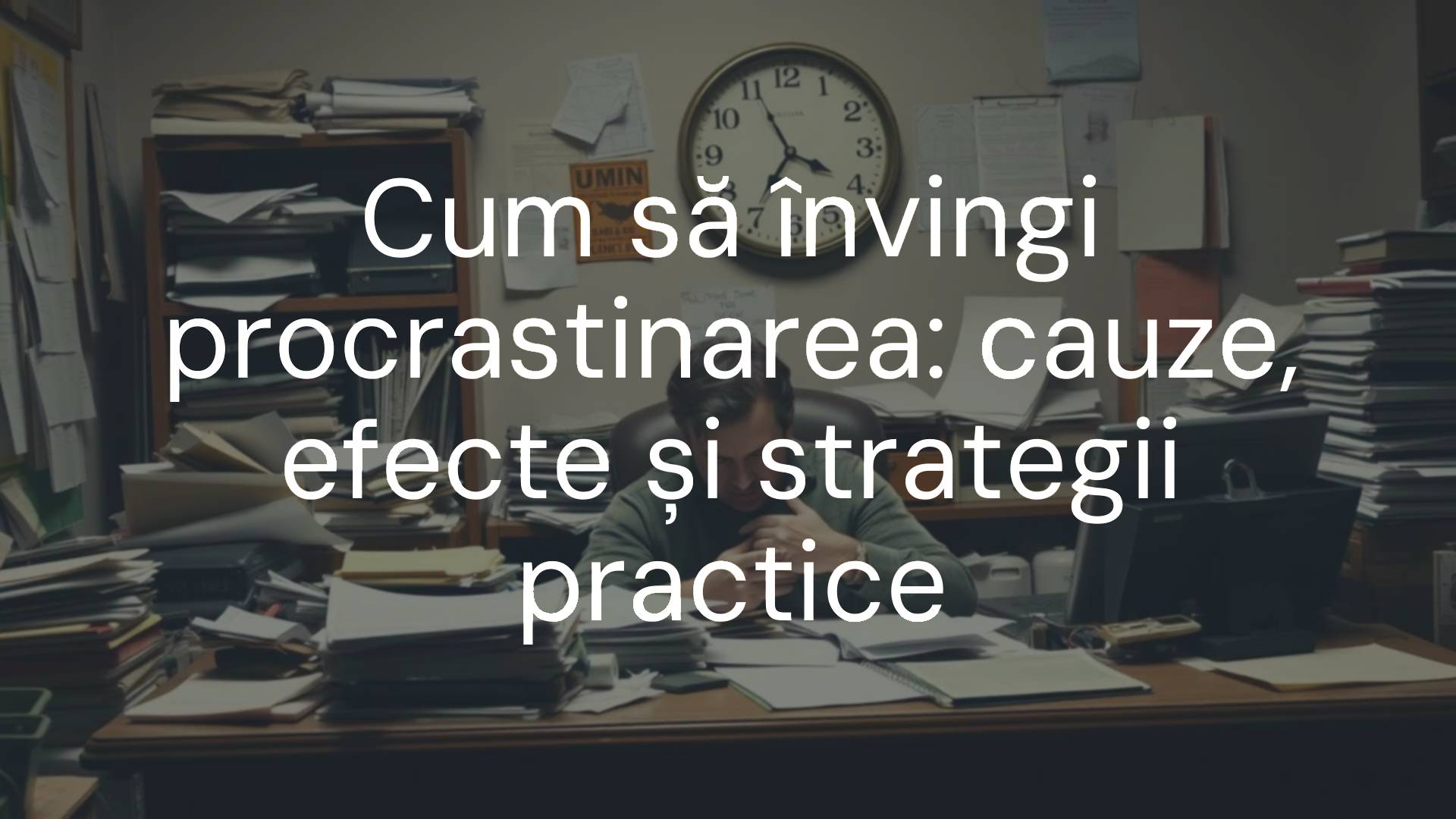 Person struggling with procrastination, messy desk with unfinished tasks, clock ticking, motivational quote in the background, realistic style.