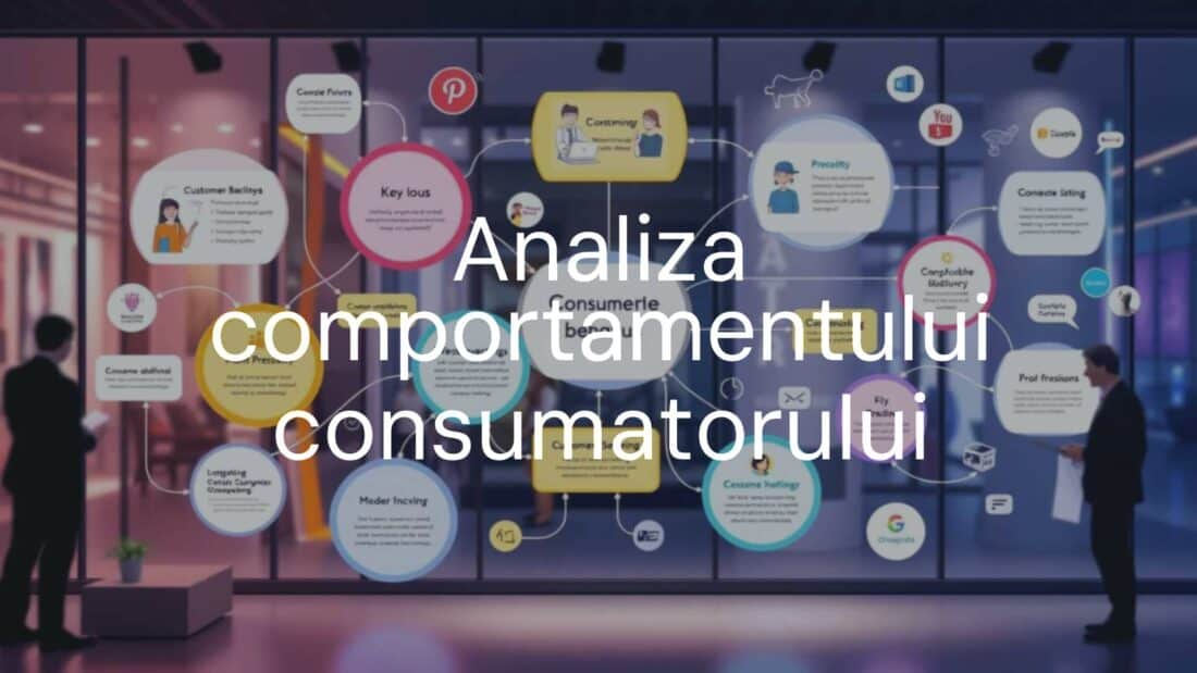 Analiza comportamentului consumatorului, concept care implică interacțiuni complexe între clienți și afaceri, ilustrat printr-un grafic de flux cu consumatori și companii într-un mediu modern, stil ilustrativ, culori vibrante.
