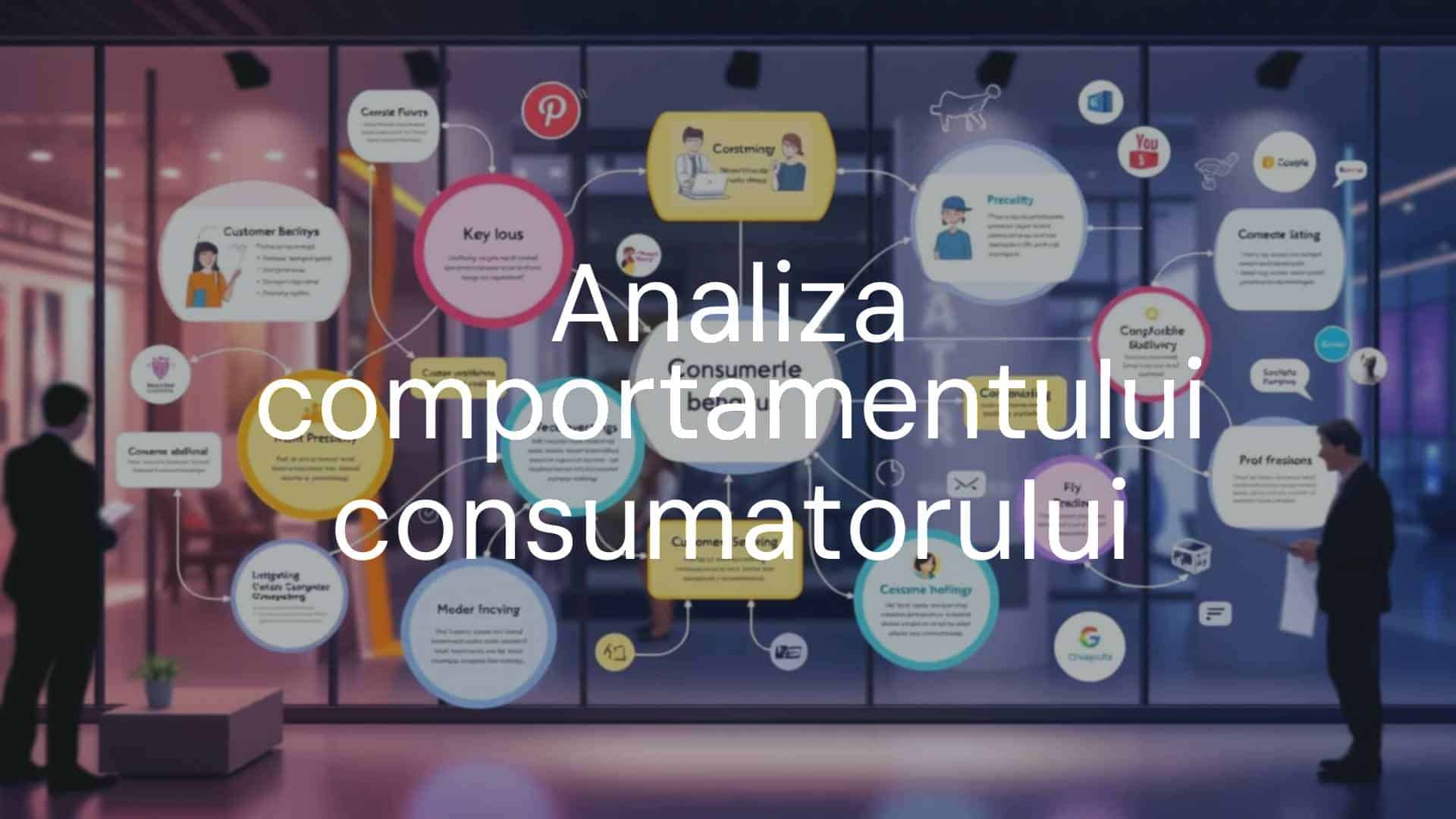 Analiza comportamentului consumatorului, concept care implică interacțiuni complexe între clienți și afaceri, ilustrat printr-un grafic de flux cu consumatori și companii într-un mediu modern, stil ilustrativ, culori vibrante.