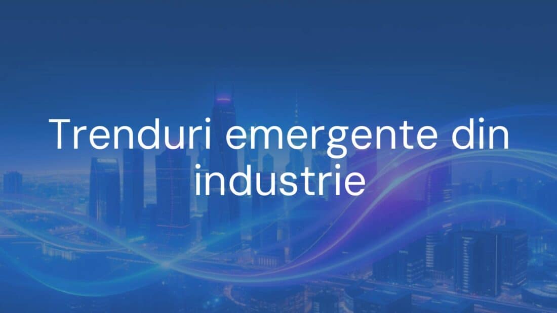 Futuristic city skyline with glowing digital trends emerging, abstract technology flow, blue and purple hues, modern and dynamic.