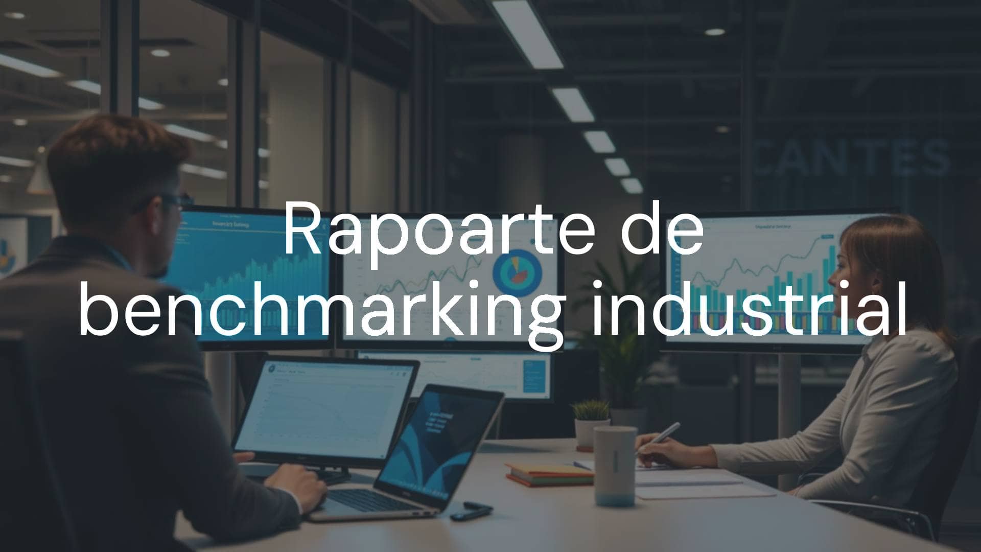 Industrial benchmarking report, data visualization graphs, professional business setting, modern office, analytical mood, realistic.