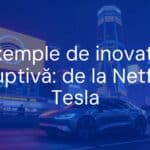 A futuristic city skyline with a Netflix logo glowing on a large screen, a sleek Tesla car driving by, symbolizing disruptive innovation, vibrant and modern.