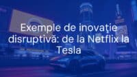 A futuristic city skyline with a Netflix logo glowing on a large screen, a sleek Tesla car driving by, symbolizing disruptive innovation, vibrant and modern.