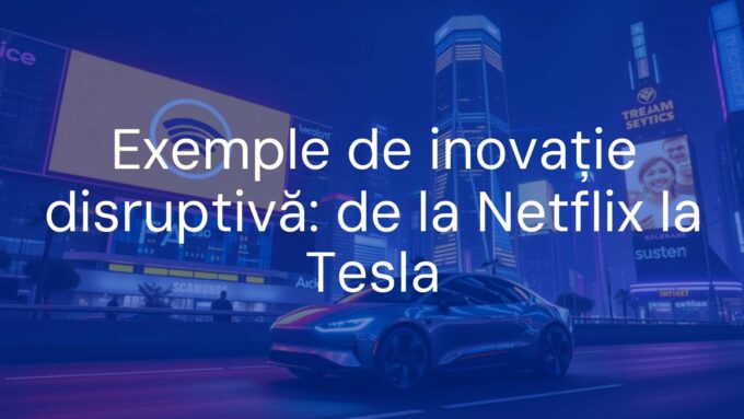 A futuristic city skyline with a Netflix logo glowing on a large screen, a sleek Tesla car driving by, symbolizing disruptive innovation, vibrant and modern.