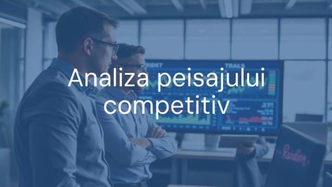 Business competitors analyzing market trends on a digital dashboard, modern office setting, realistic style.