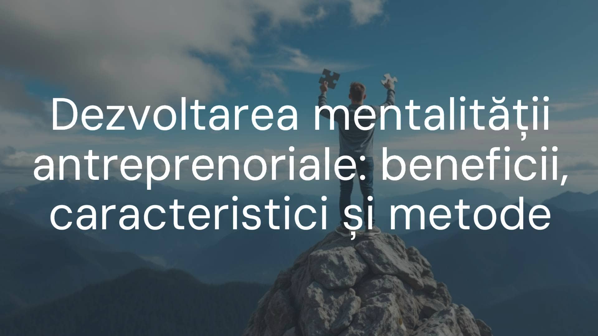 An entrepreneurial mindset, person standing on top of a mountain with a puzzle piece in hand, symbolic of innovation and problem-solving, modern corporate style.