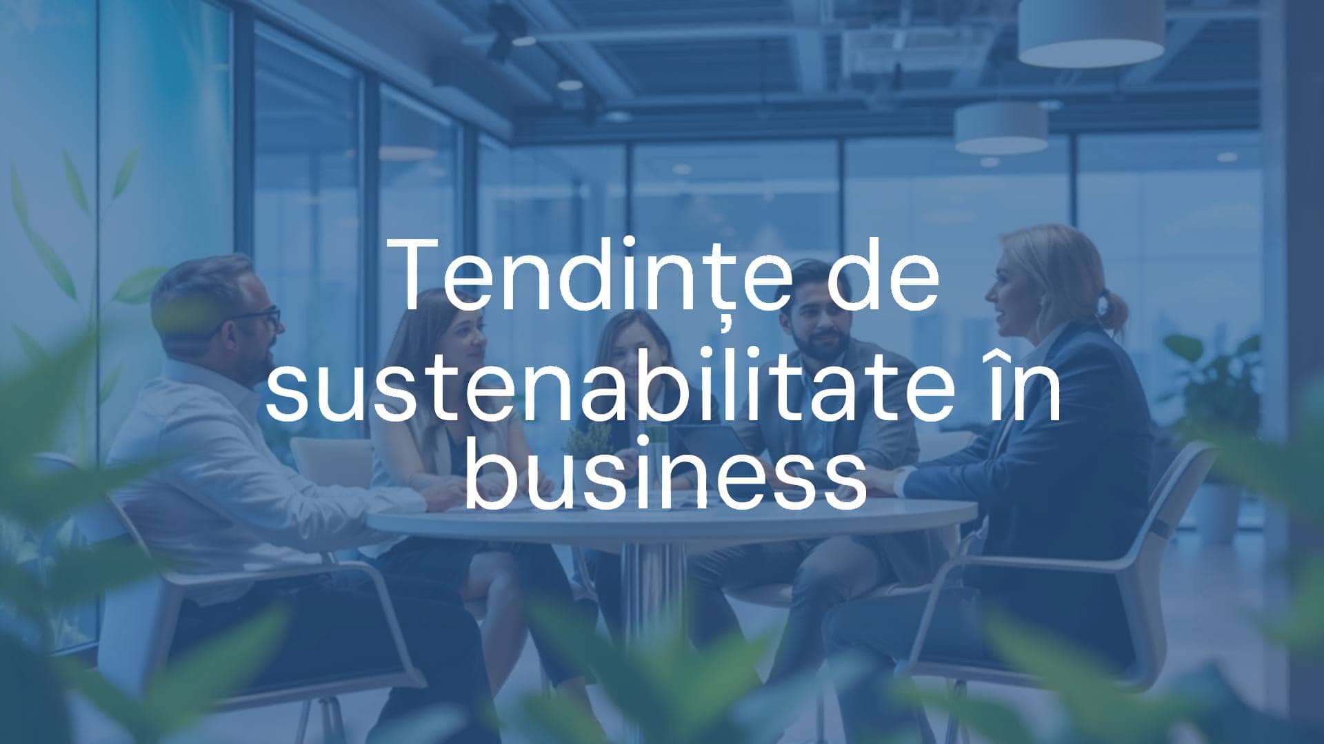 Modern business meeting with sustainable elements, green energy, ESG focus, corporate professionals discussing, bright and optimistic atmosphere, realistic.